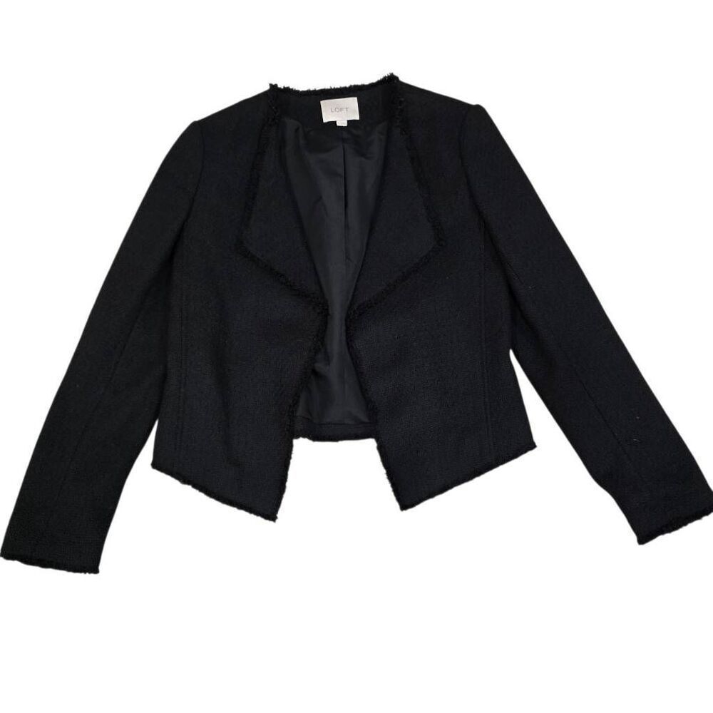 Ann Taylor LOFT Tweed Soft Fringe Detail Trim Black Draped Blazer Women's 6